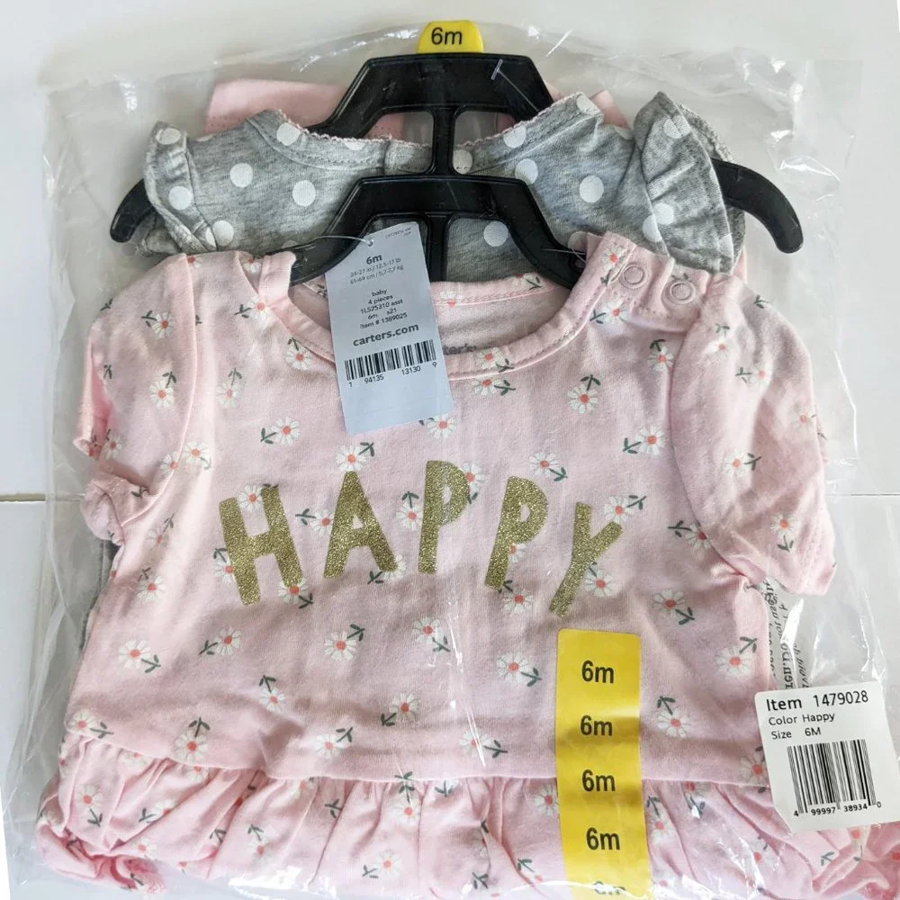 New Carter's Kids Girls 4 Piece Set - Happy Pink Sparkle Print - 6 Months